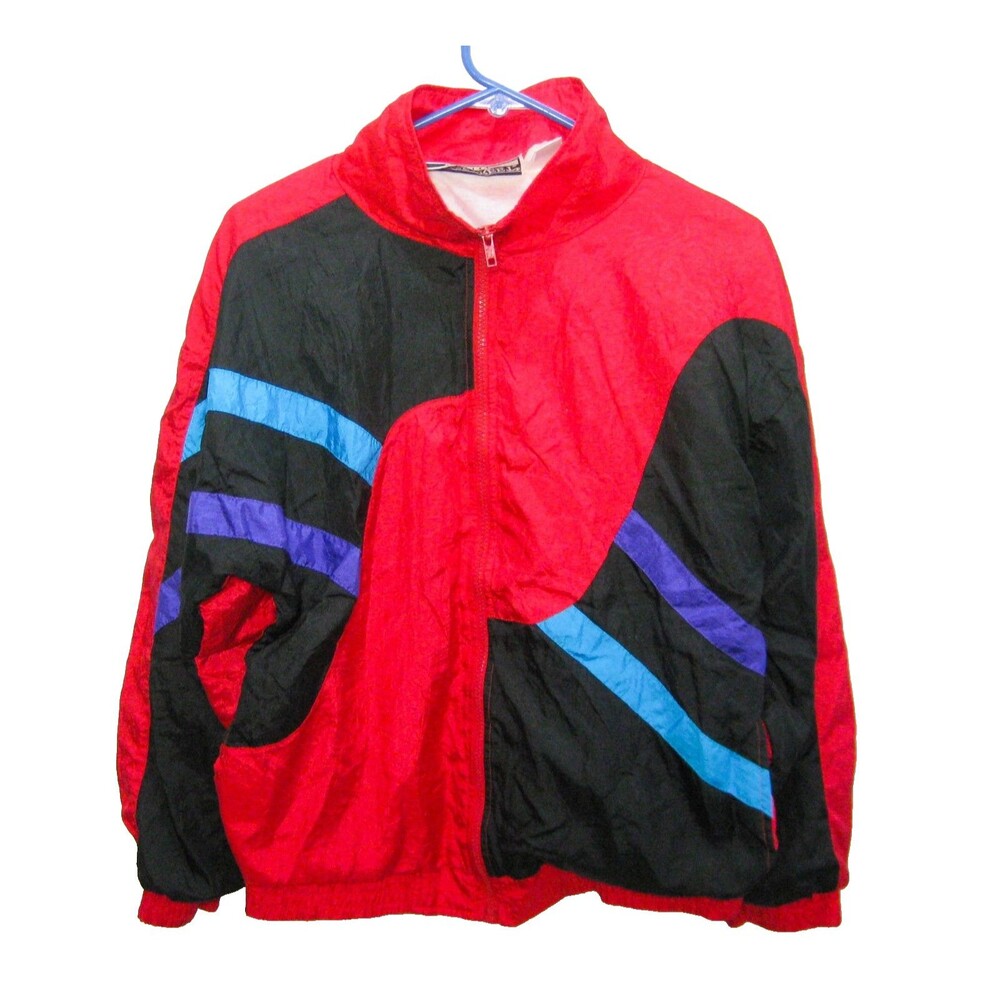 Vintage 80s Women's (PM Medium Petite) Red Nylon Windbreaker Jacket Colorblock